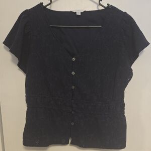 Time and Tru Navy Eyelet Button-Up Blouse